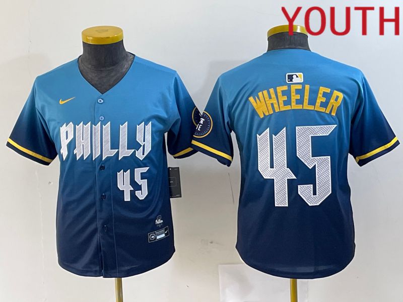 Youth Philadelphia Phillies #45 Wheeler Blue City Edition Nike 2024 MLB Jersey style 4->youth mlb jersey->Youth Jersey